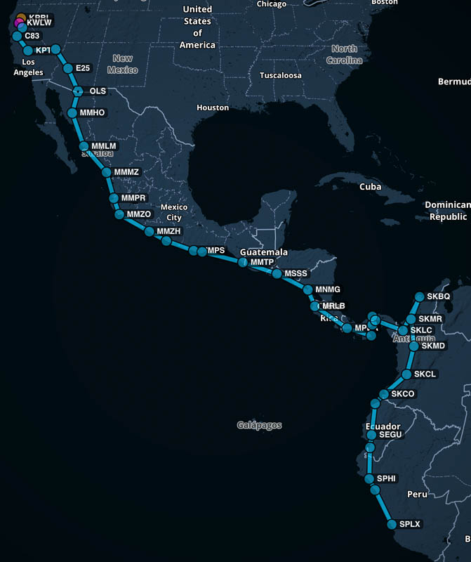 map of america, showing all 37 flights