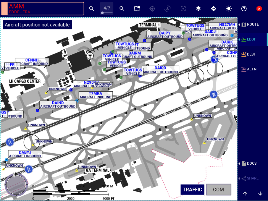 Screenshot einer Karte des Frankfurter Flughafens, mit Anzeige des Rollverkehrs